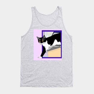 Cute Tuxedo Cat up high. Stepping outside the box Copyright by TeAnne Tank Top